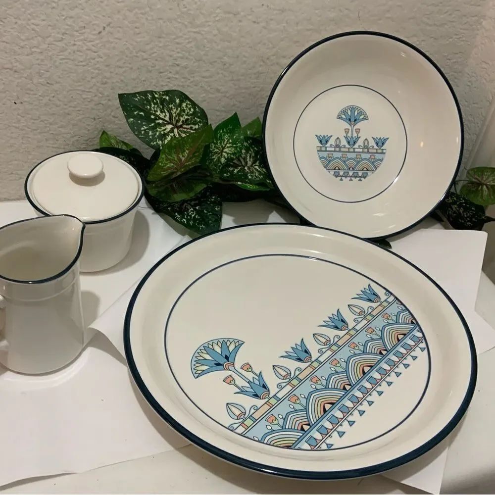 Vintage Nitto Overtones Stoneware "NILE COUNTRY" Set 5 Plates bowl JAPAN B6